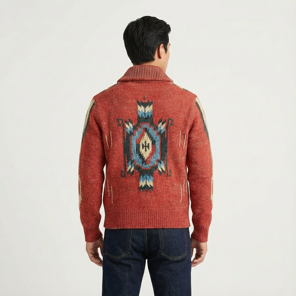 Close-up of a man's casual wear jacquard knit cardigan with a classic lapel collar.