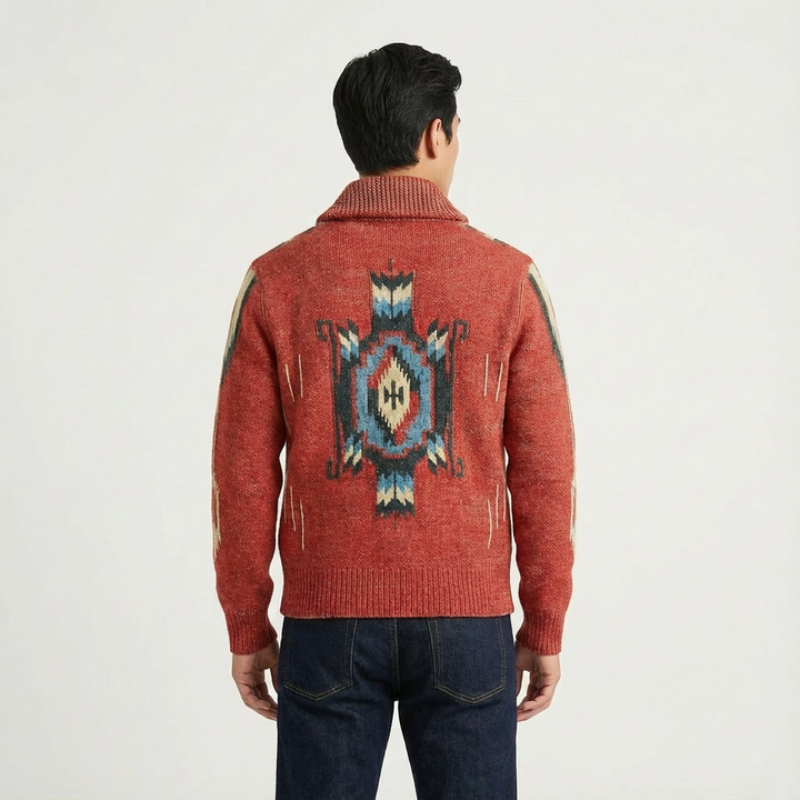 Close-up of a man's casual wear jacquard knit cardigan with a classic lapel collar.