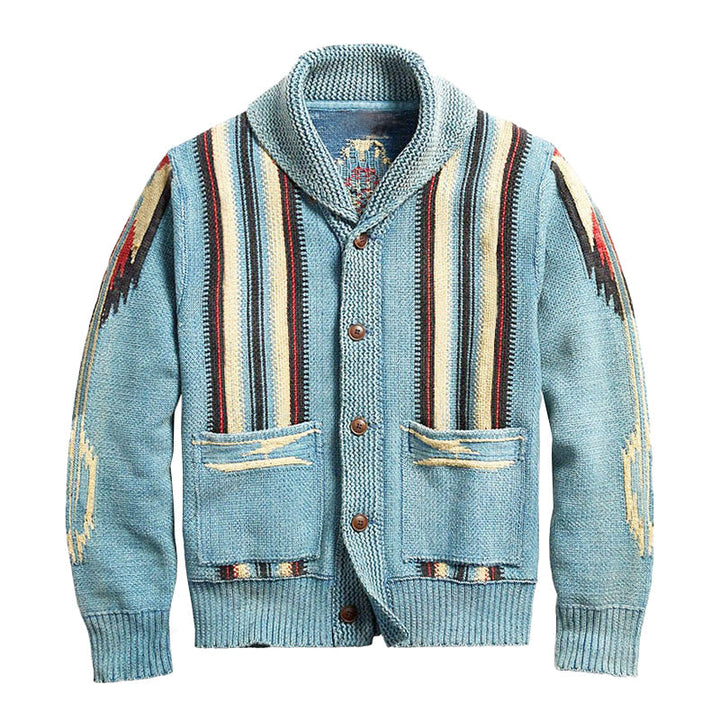 Smart casual men's cardigan featuring a textured jacquard knit and a secure button front.