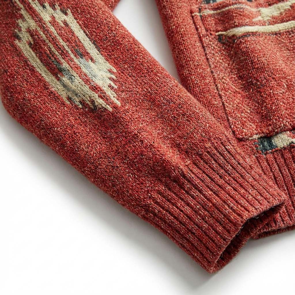 Elegant men's knitwear: lapel collar cardigan with intricate jacquard pattern and button details.