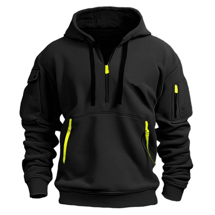 Model wearing the Men's Jamie zip front hoodie for a casual, stylish look.