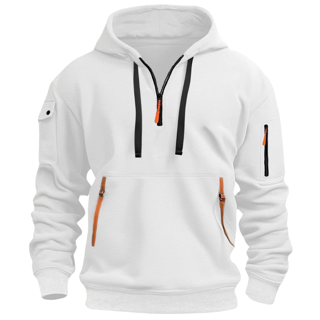 Comfortable fabric texture of the Men's Jamie zip front hoodie for men.