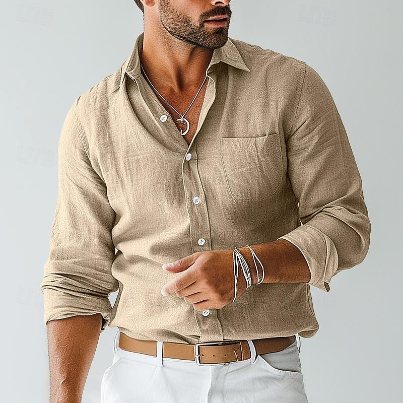 Men's khaki lightweight short-sleeve button-down shirt, perfect for casual summer comfort & breathable style.