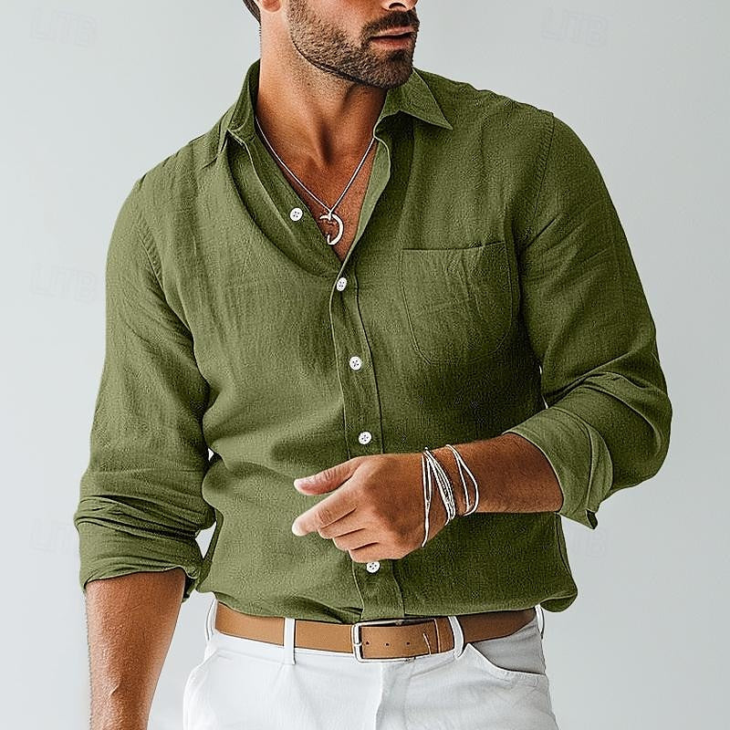 Khaki men's casual summer shirt, showcasing its lightweight, breathable fabric & stylish button-down design.
