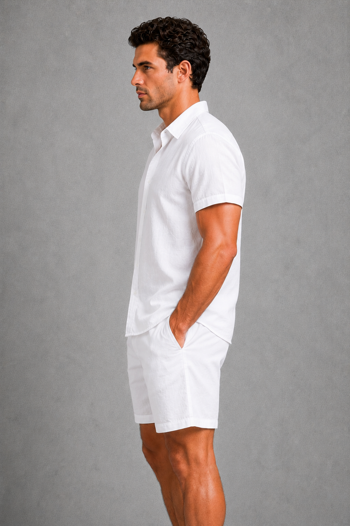 White men's linen blend two-piece set, casual & comfortable summer fashion for resort wear.