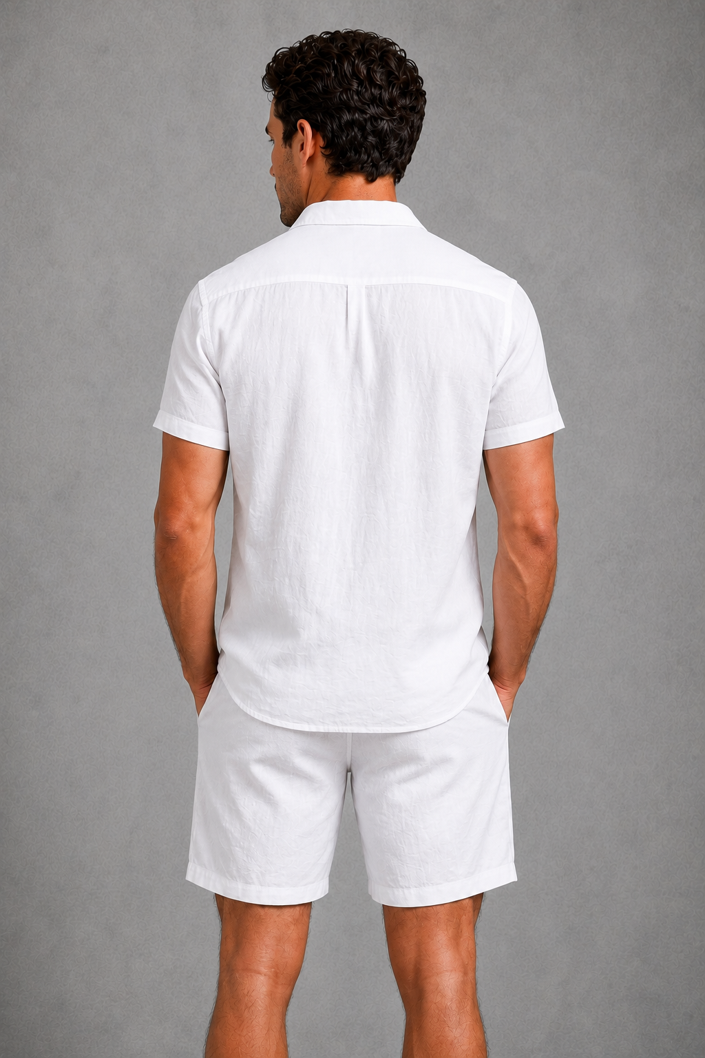 Tailored men's linen blend co-ord set, ideal for smart casual summer fashion and events.