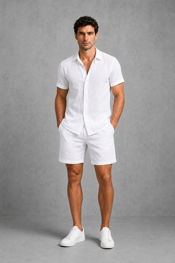 Khaki men's two-piece linen blend summer set, a stylish and breathable resort wear choice.