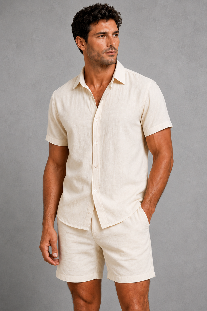 Men's tailored linen blend two-piece set. Modern khaki & white summer casual fashion.