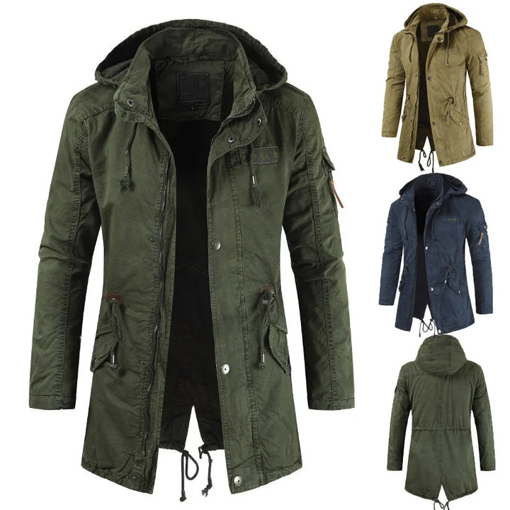 Men's khaki padded parka windbreaker. Warm, durable winter jacket for cold weather & outdoor comfort.