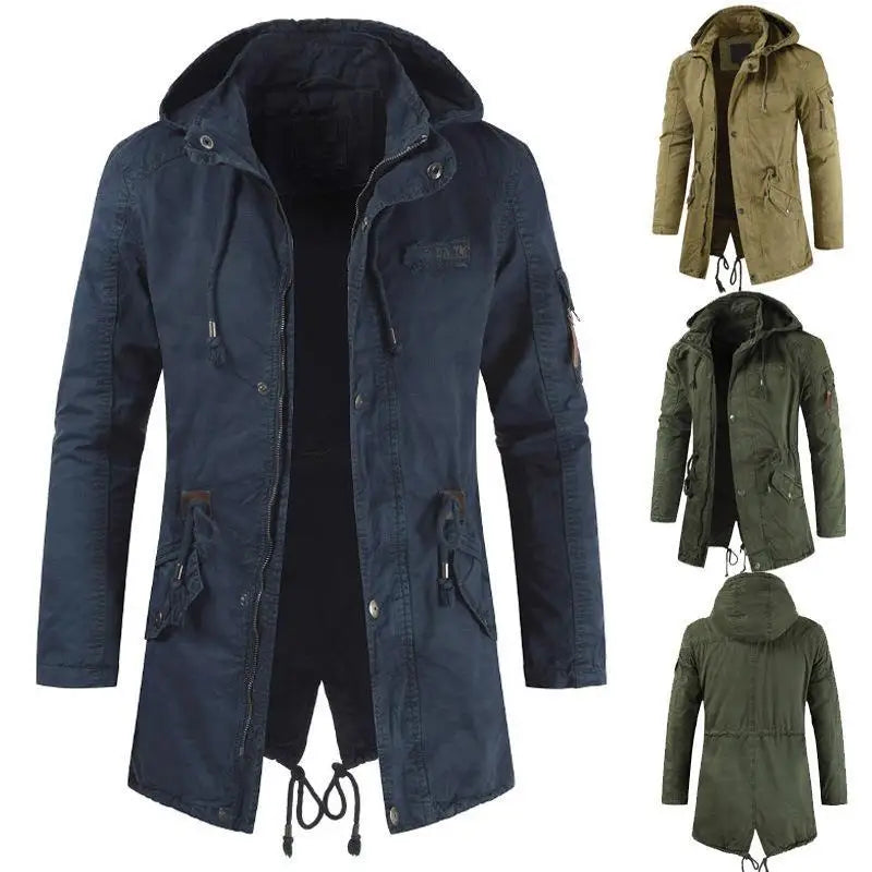 Olive green men's tactical padded parka windbreaker. Durable winter jacket for outdoor adventure & warmth.