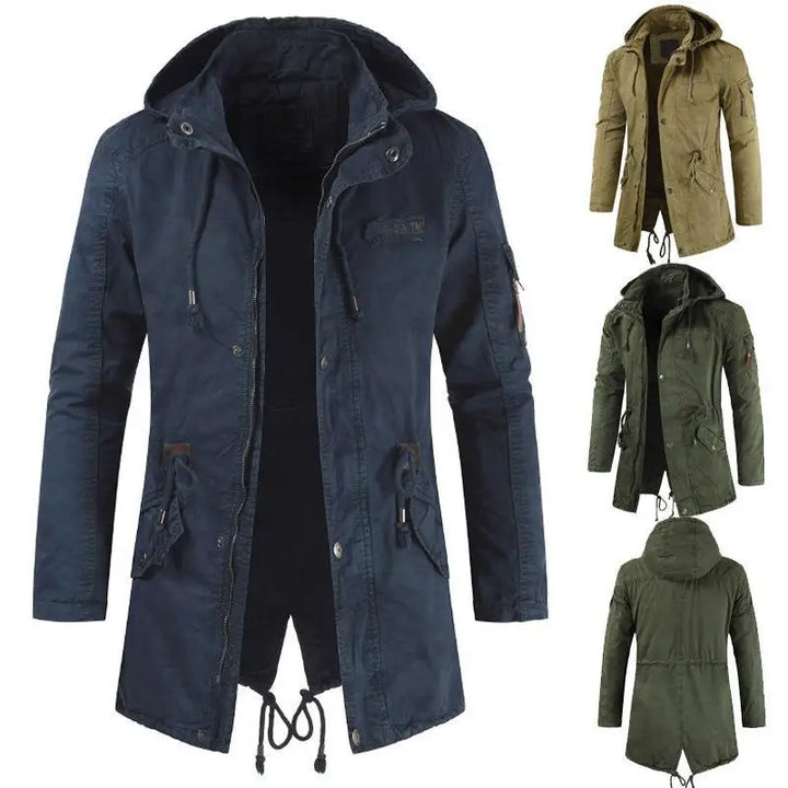 Olive green men's tactical padded parka windbreaker. Durable winter jacket for outdoor adventure & warmth.