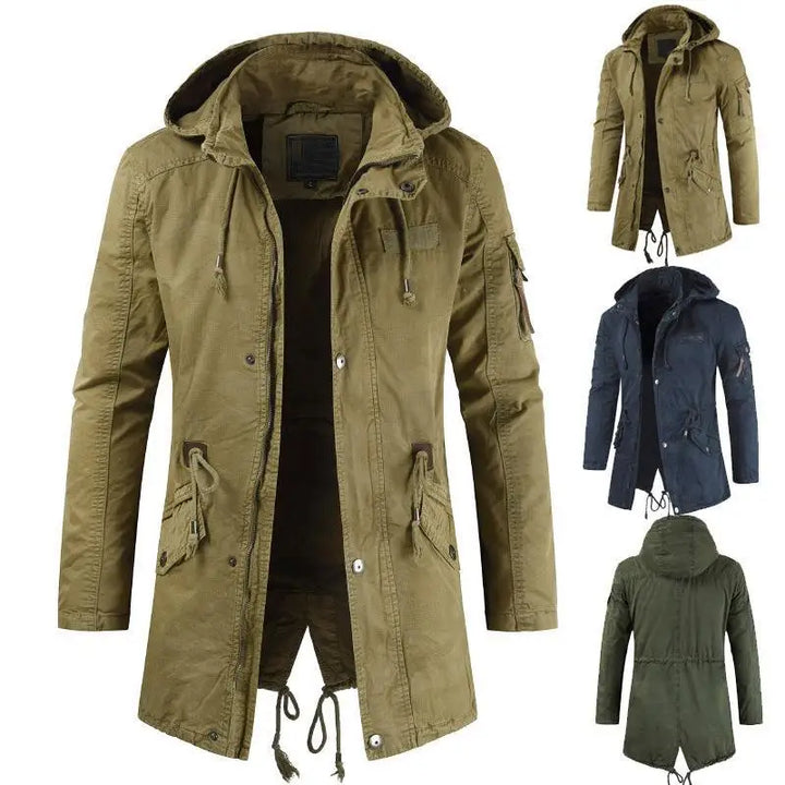 Navy blue men's padded winter parka. Comfortable, versatile windbreaker ideal for cold weather fashion.