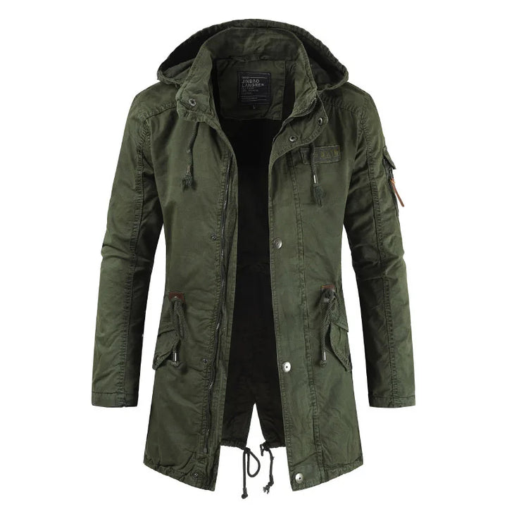 Stylish men's padded parka in khaki. Fashionable, warm winter jacket & windbreaker for everyday wear.