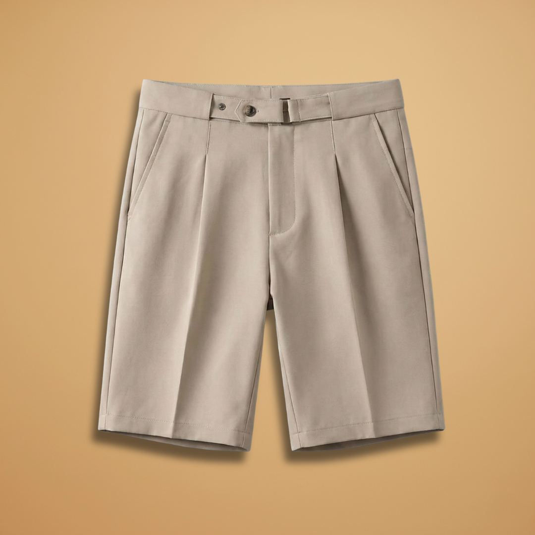 Men's khaki pleated summer shorts, knee-length, with belt loops & practical pockets for smart casual wear.