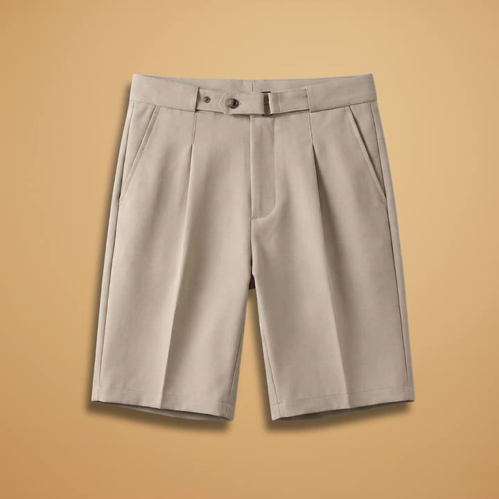 Men's khaki pleated summer shorts, knee-length, with belt loops & practical pockets for smart casual wear.