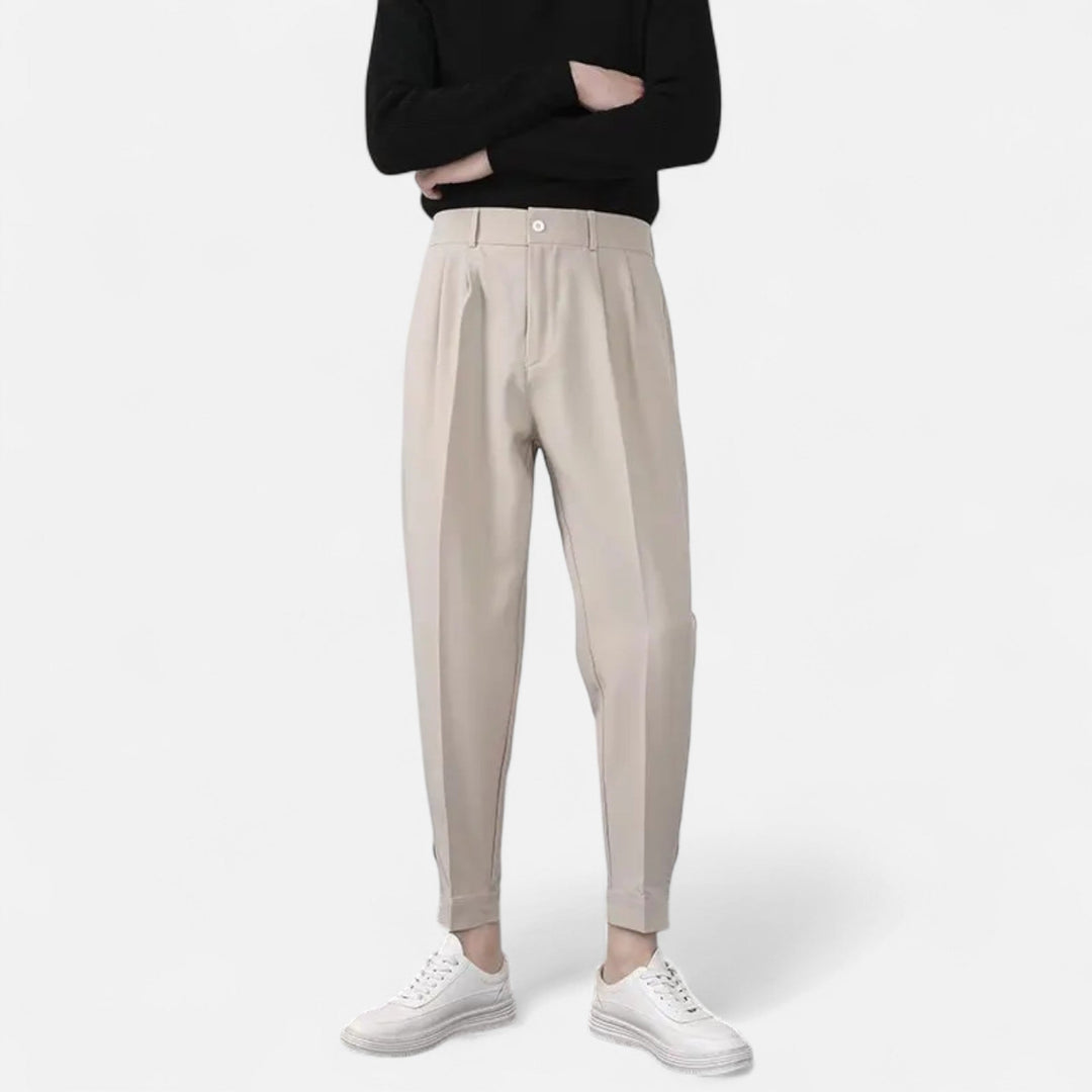 Men's khaki pleated tapered fit trousers for smart casual wear