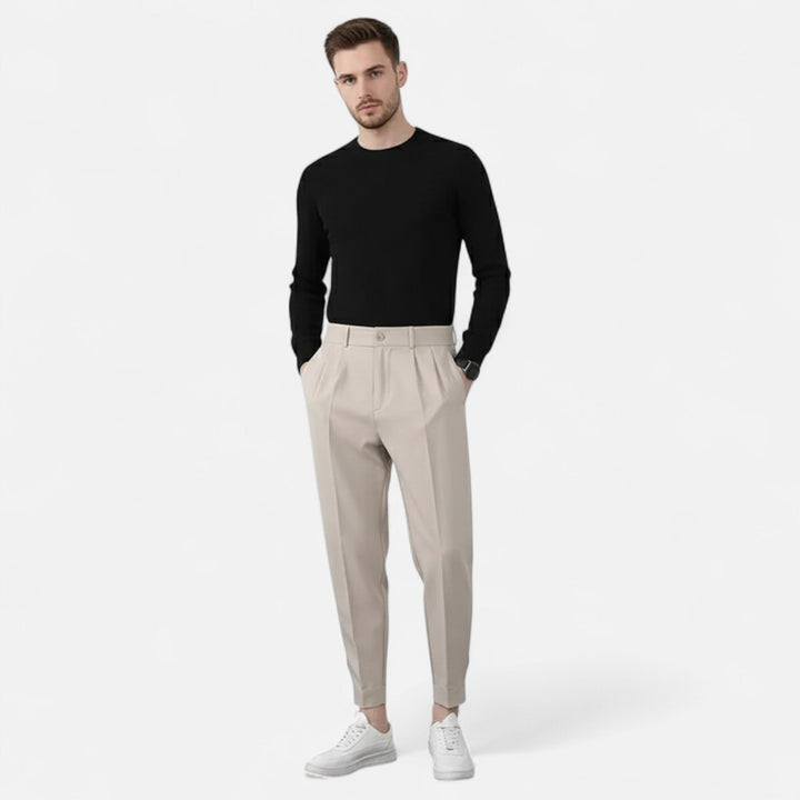 Grey tailored dress pants with a modern tapered fit for men