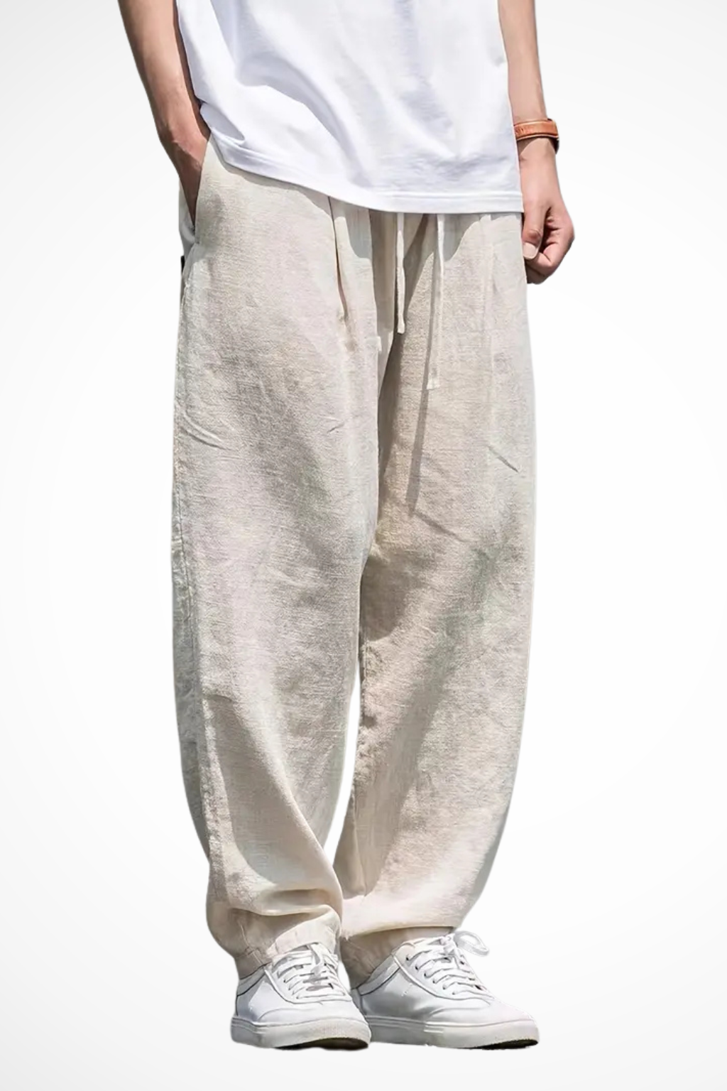 Men's khaki wide leg trousers with elastic waist for a comfortable, relaxed fit. Perfect casual bottoms.
