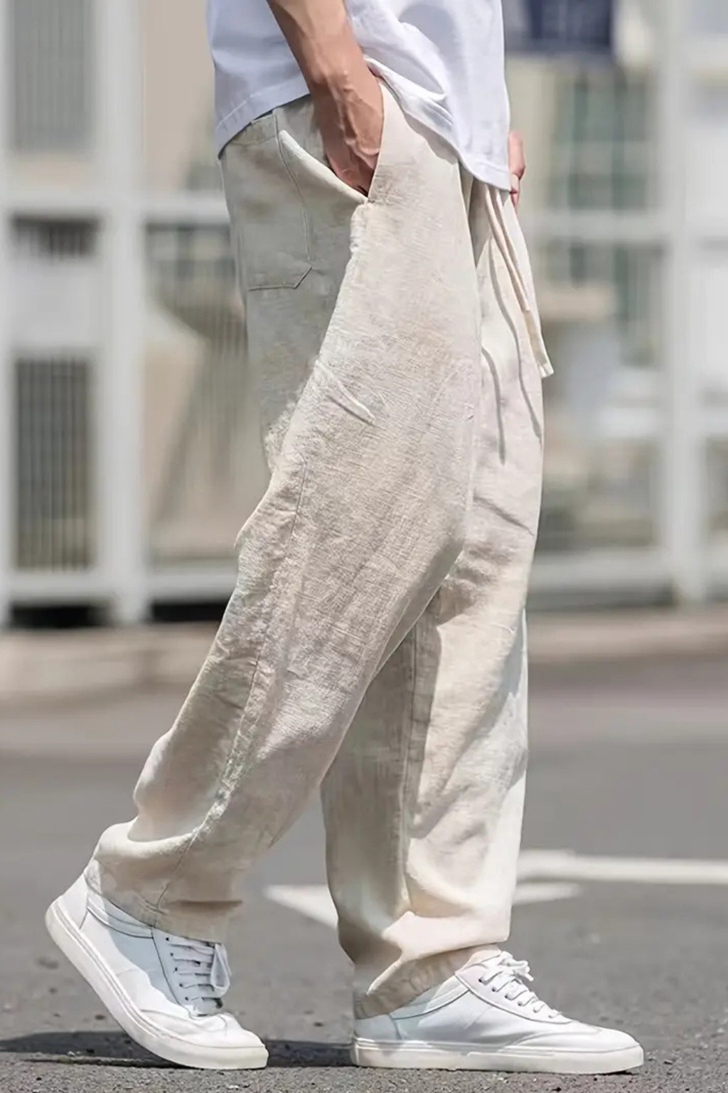 Stylish men's khaki wide leg trousers, designed with an elastic waist for modern men's fashion. Casual bottom.