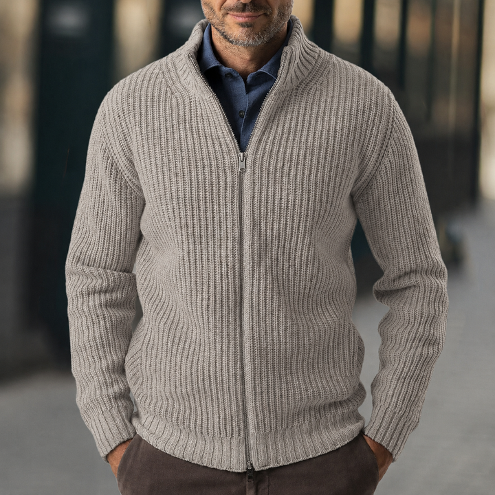 Men's khaki zip-up ribbed mock neck sweater, ideal for stylish layering & casual comfort.