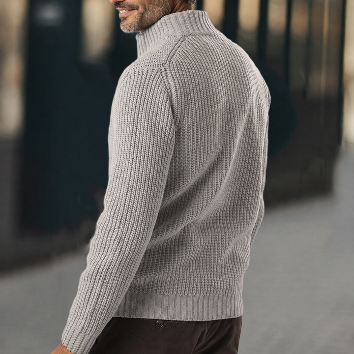Stylish men's long sleeve khaki ribbed mock neck sweater with zip-up design for casual wear.