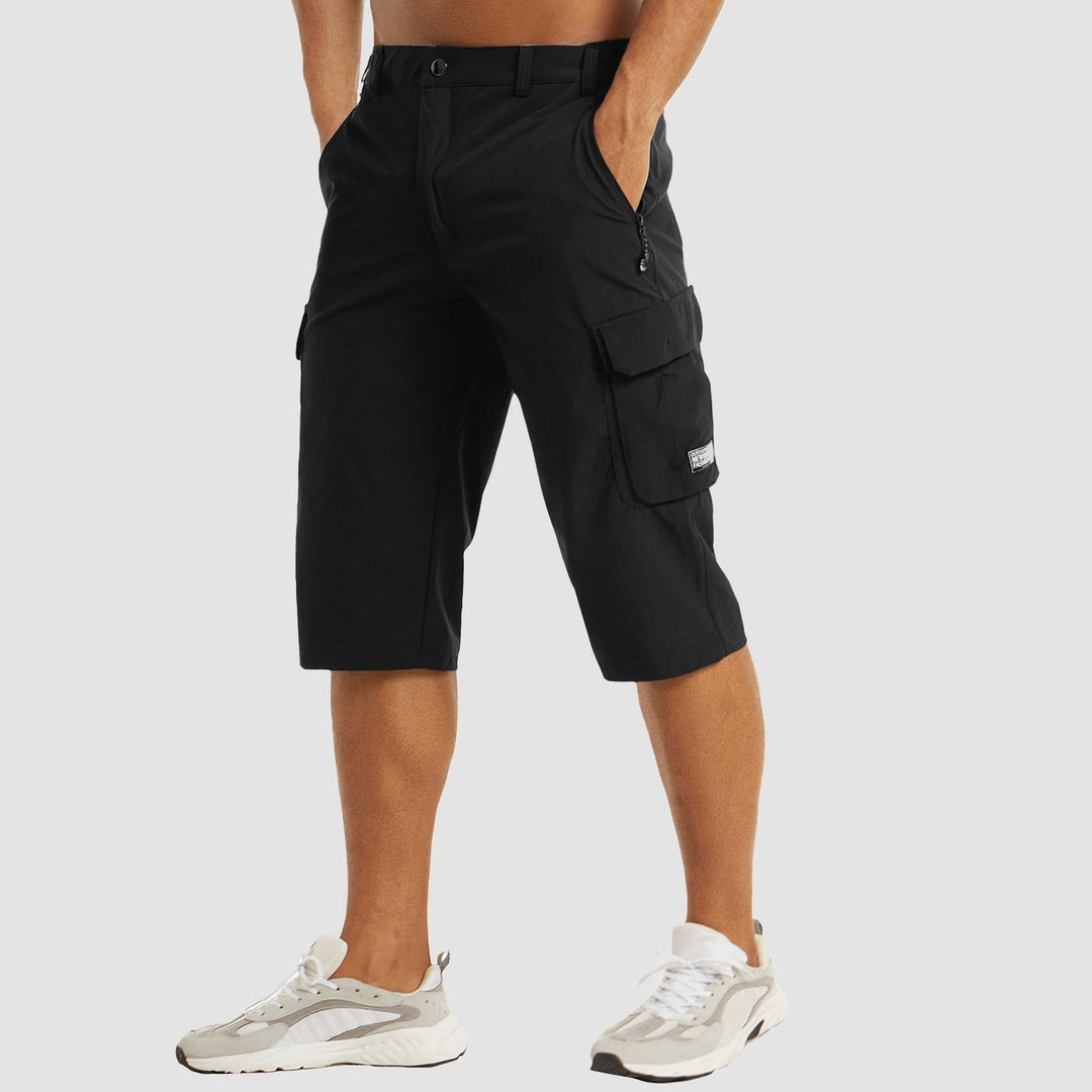 Stylish men's knee-length cargo shorts, comfortable and versatile for casual summer menswear.