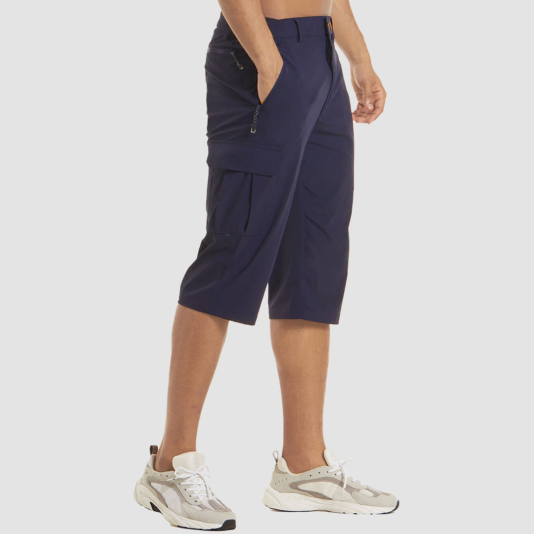 Front view: Men's knee-length cargo shorts with button and zip fly, perfect for casual summer menswear.