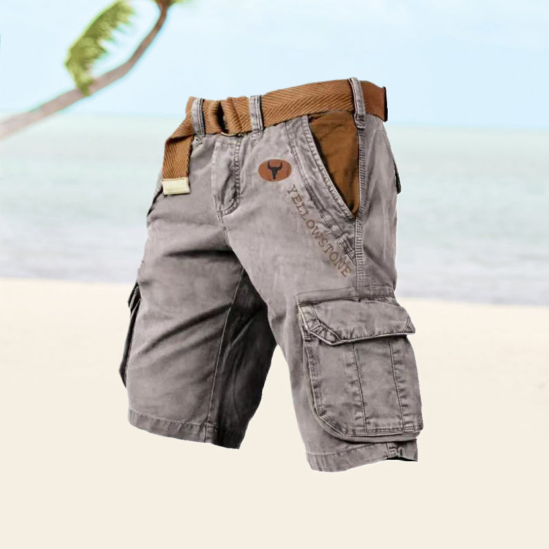 Men's knee-length cargo shorts with multiple pockets for storage.