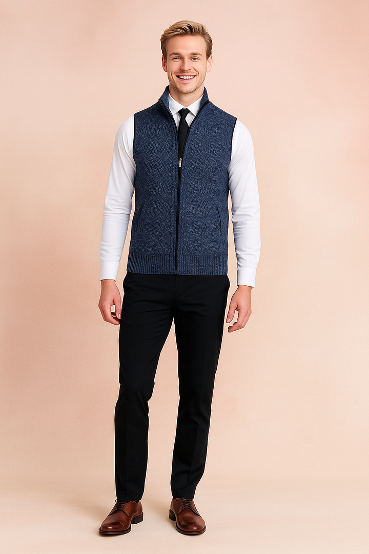 Men's knit zipper vest sweater, a versatile sleeveless cardigan for stylish layering.