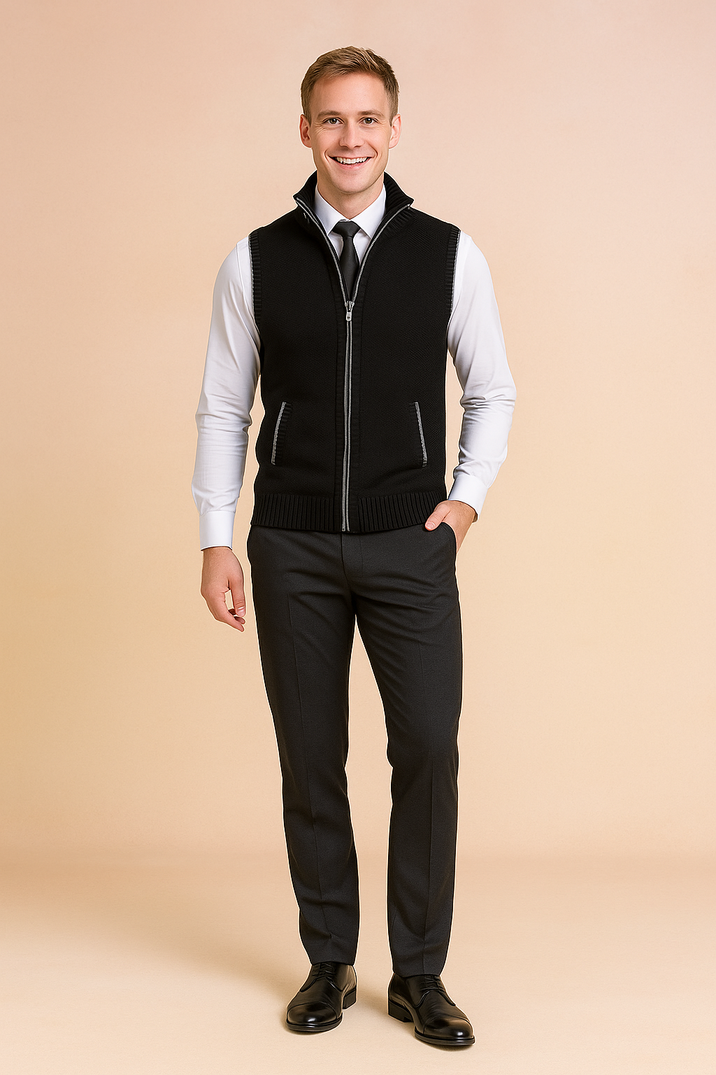 Sleeveless knit cardigan vest for men, perfect for casual and smart casual outfits.