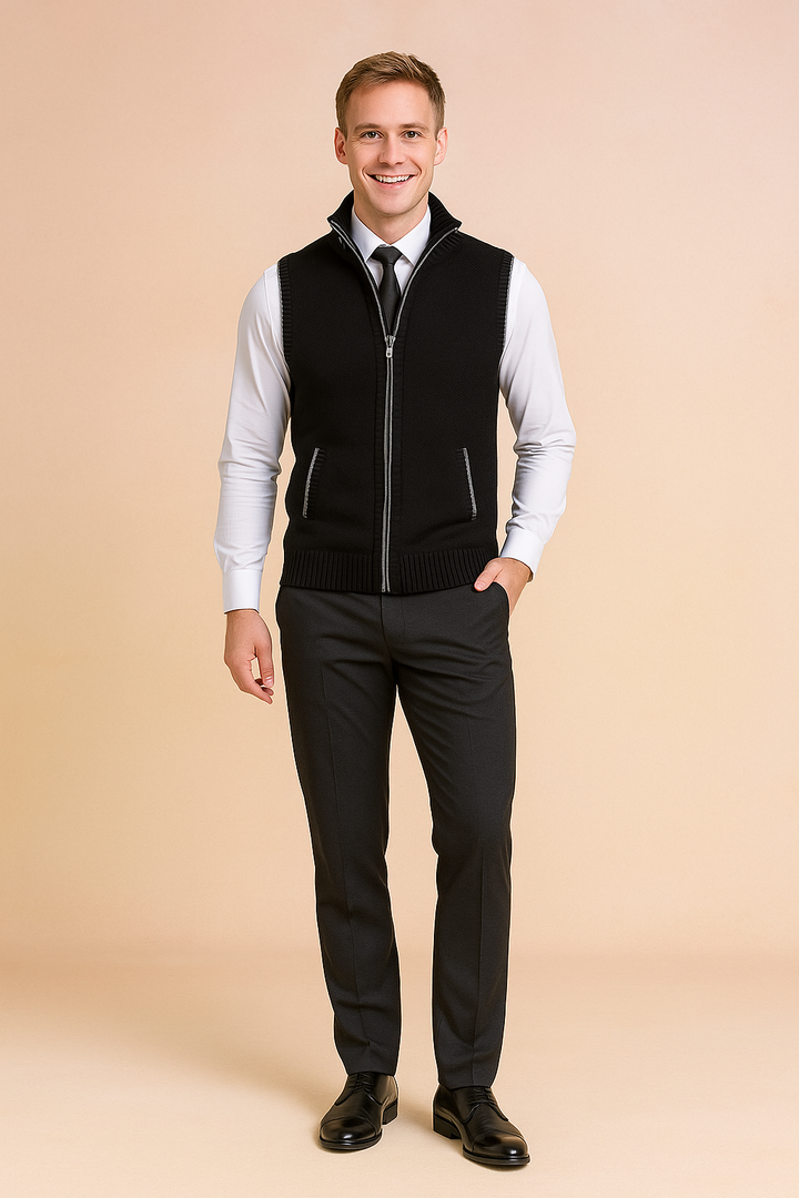 Sleeveless knit cardigan vest for men, perfect for casual and smart casual outfits.