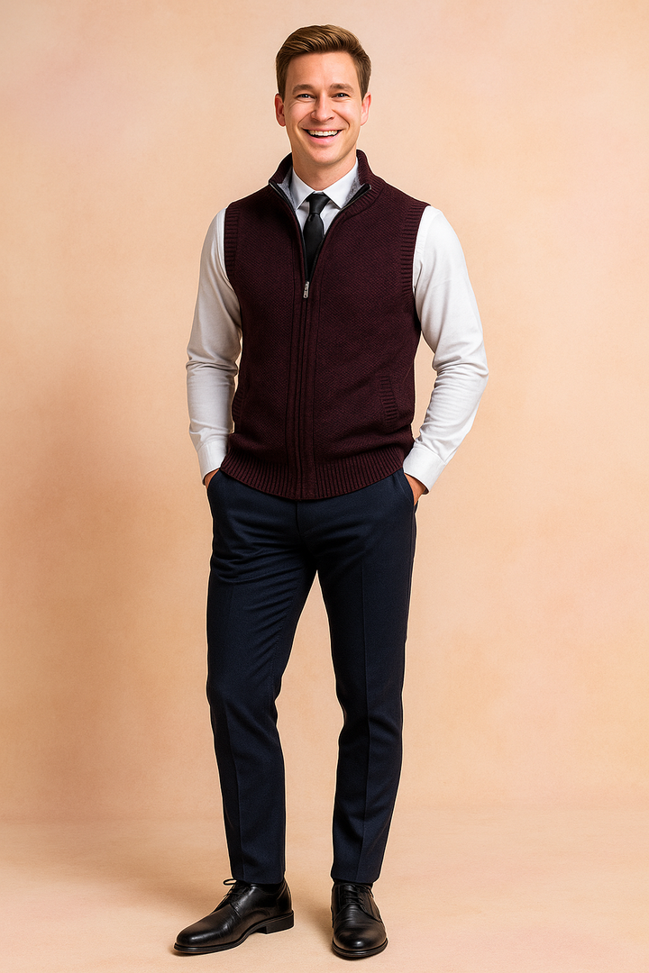 Durable mens knit vest with zipper closure, offering warmth and style in outerwear.