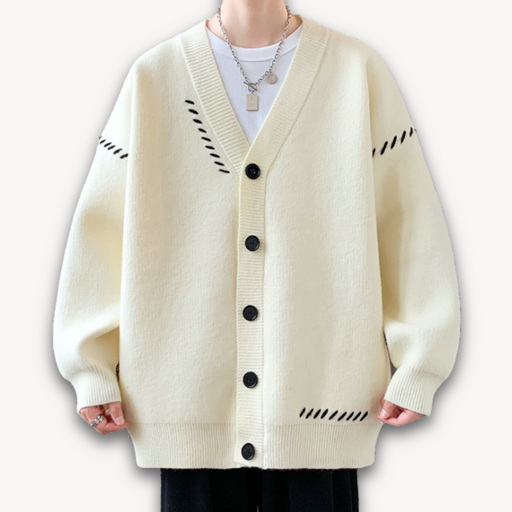 Essential men's knitted cardigan for layering, a button-up sweater for stylish autumn and winter outfits.