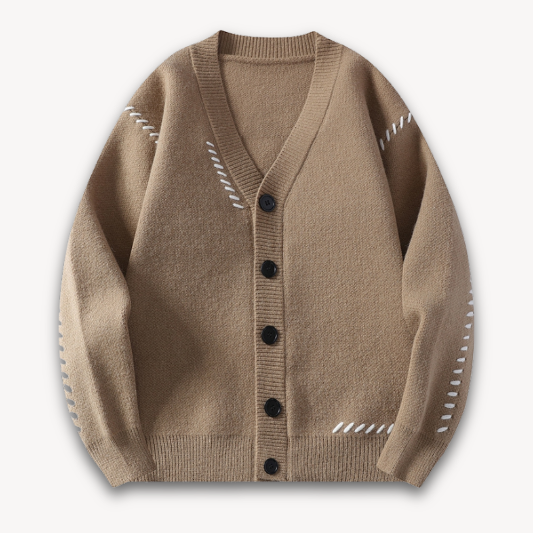 Classic men's long-sleeve knitted cardigan, button-up design for effortless casual winter style.