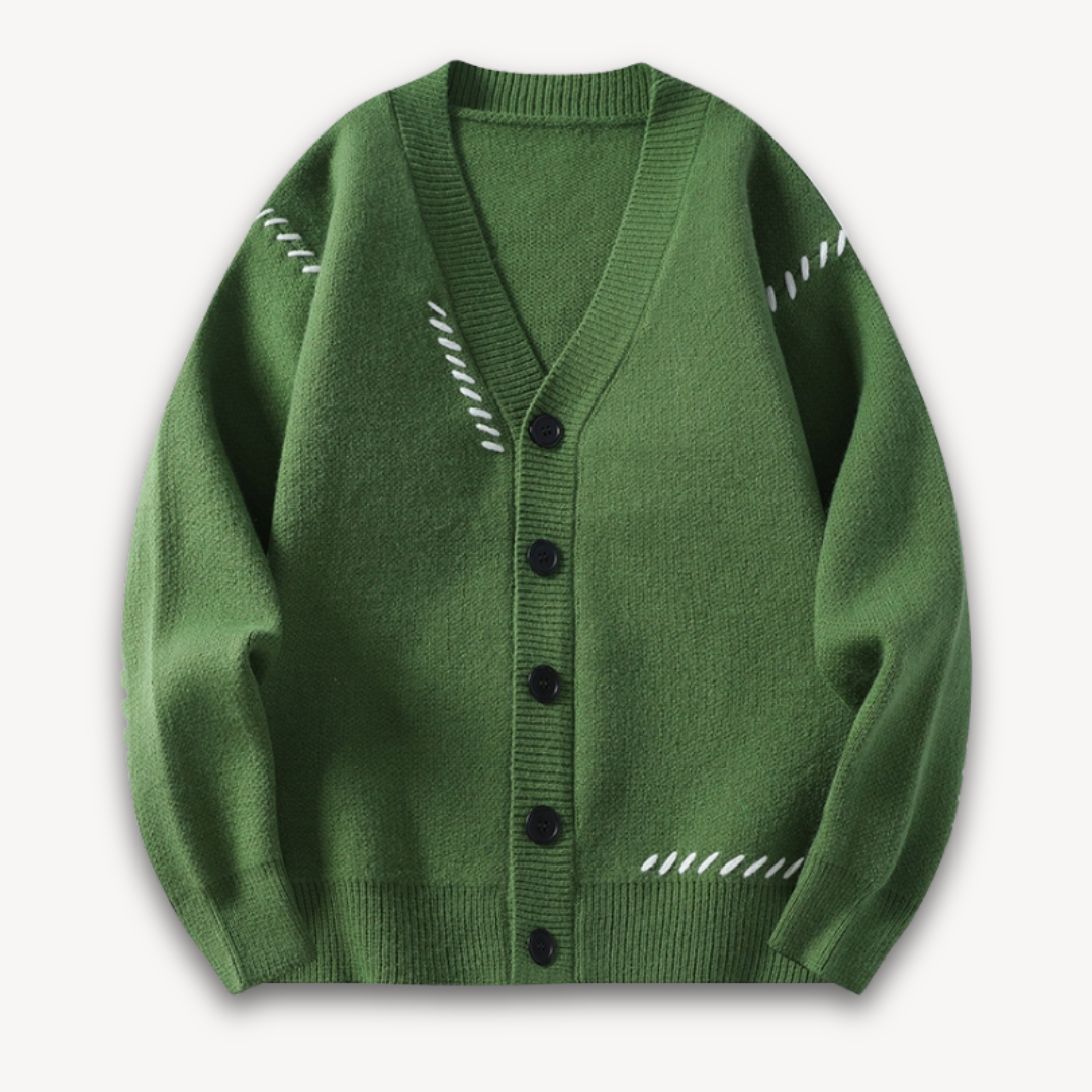 Versatile men's knitted button-up cardigan, ideal as a stylish layering piece for autumn and winter fashion.