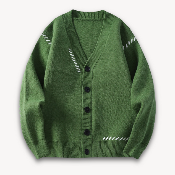 Versatile men's knitted button-up cardigan, ideal as a stylish layering piece for autumn and winter fashion.