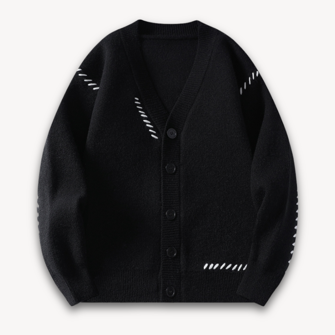 Modern men's knitted cardigan sweater, an effortless button-up style for casual winter fashion.