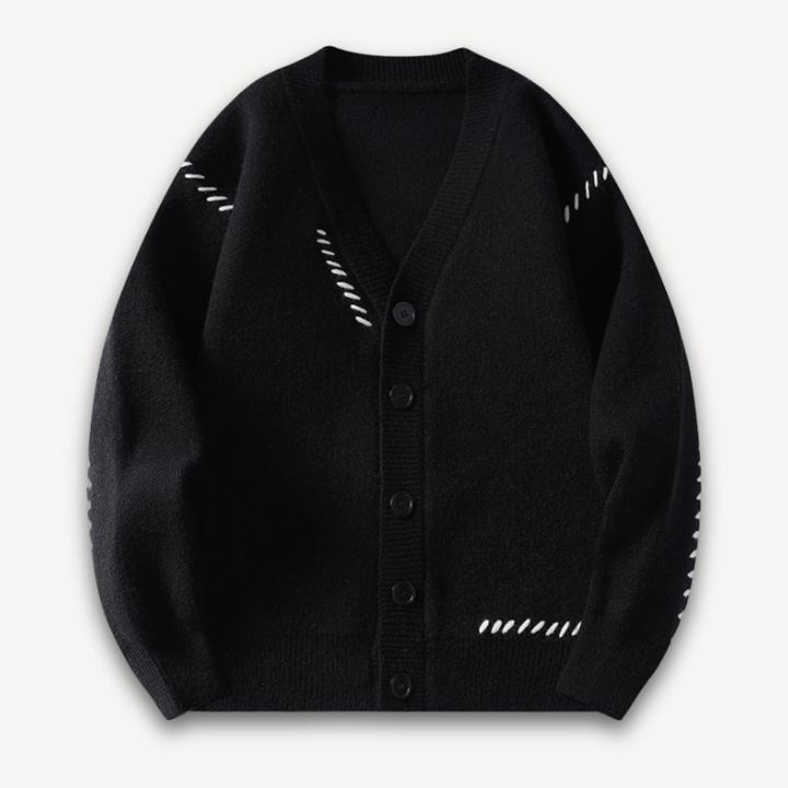 Modern men's knitted cardigan sweater, an effortless button-up style for casual winter fashion.