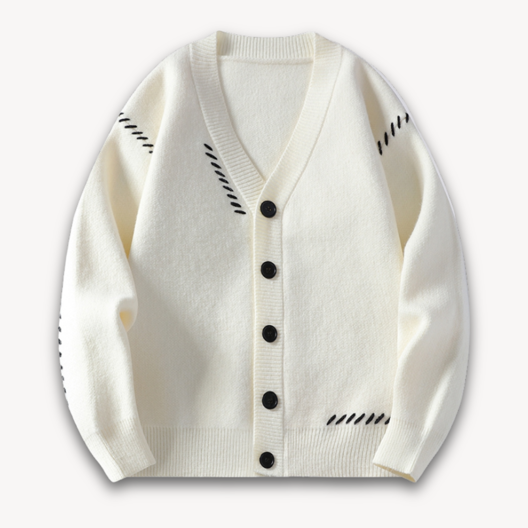 Textured knitted men's cardigan, a cozy long-sleeve button-up for casual autumn & winter apparel.