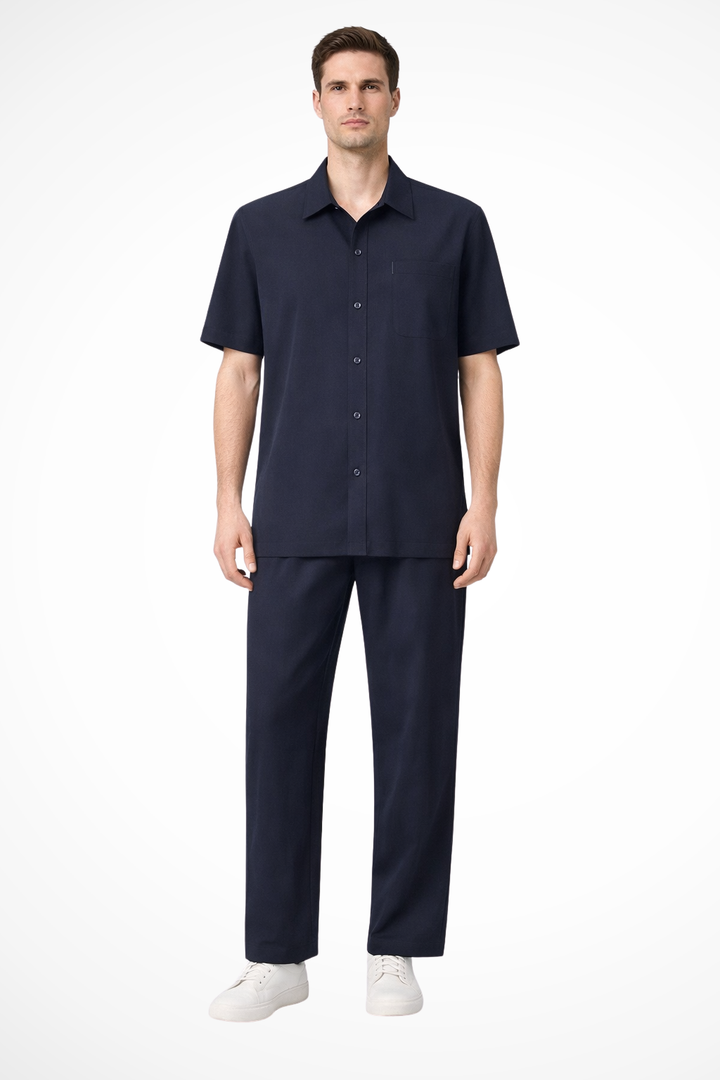 Men's lapel short sleeve shirt & elastic waist trouser set, perfect for casual summer wear.