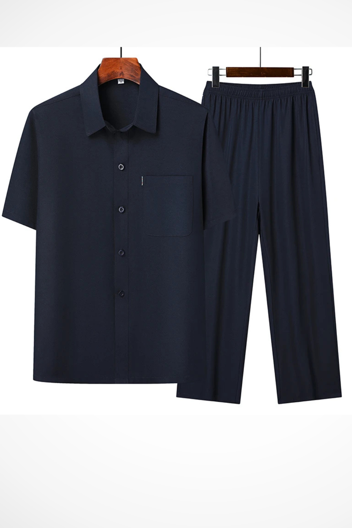 Comfortable men's two-piece set: stylish lapel shirt & elastic waist trousers for daily wear.
