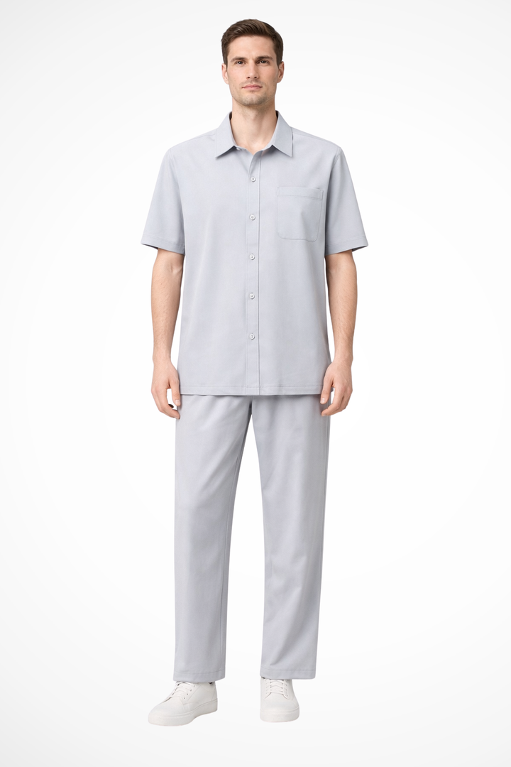 Matching men's button-up lapel shirt & elastic waist trousers. Ideal casual summer coordinates.