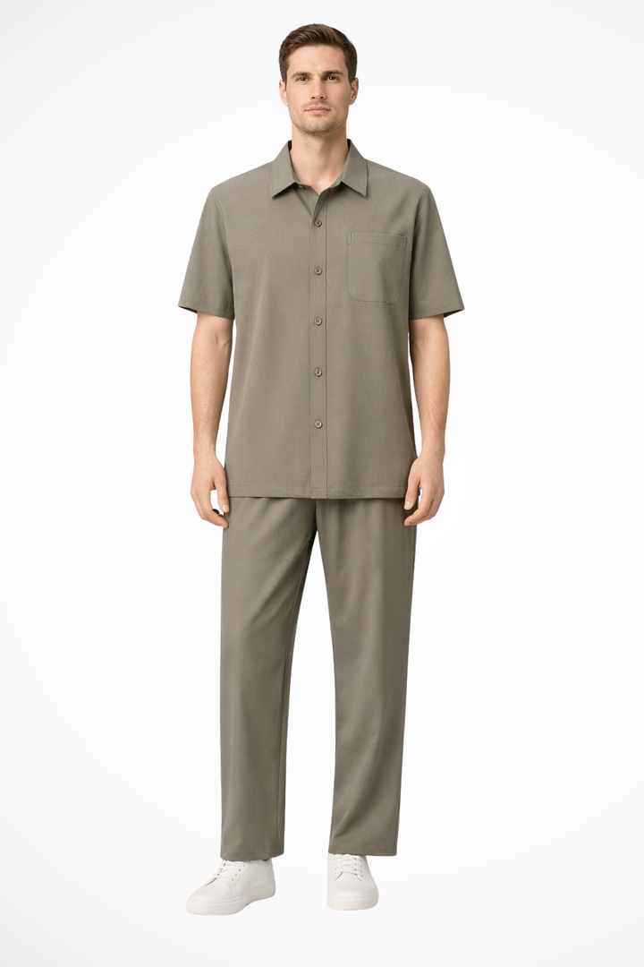 Men's coordinated lapel short sleeve shirt & elastic waist trouser set for easy summer styling.