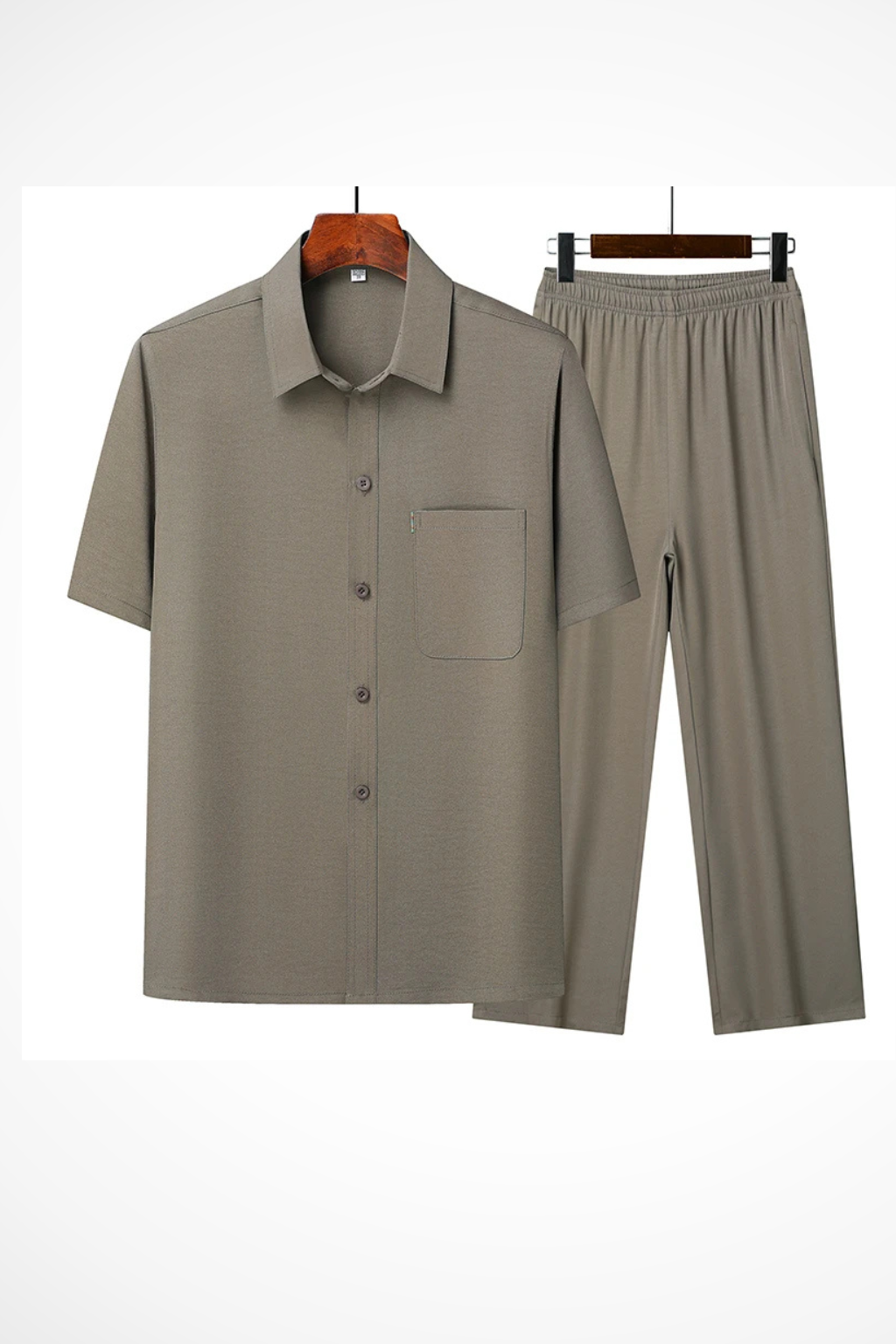 Fashionable men's casual two-piece set with a lapel shirt and comfortable elastic waist trousers.