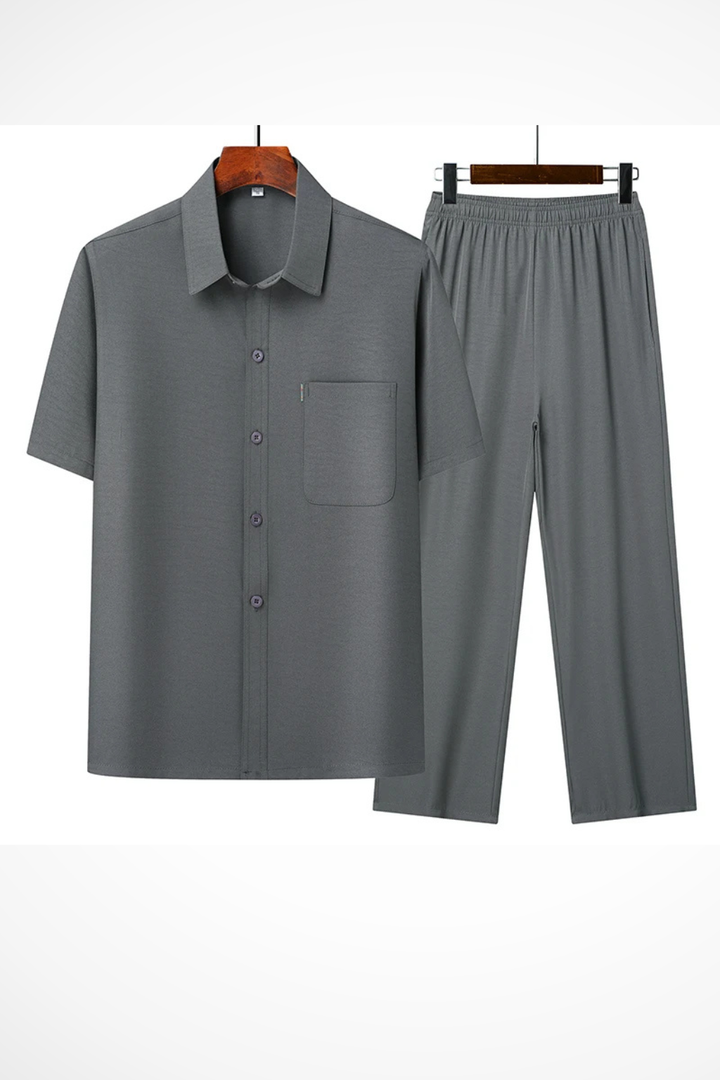 Men's lapel short sleeve button shirt and elastic waist trousers. Comfortable matching two-piece set.