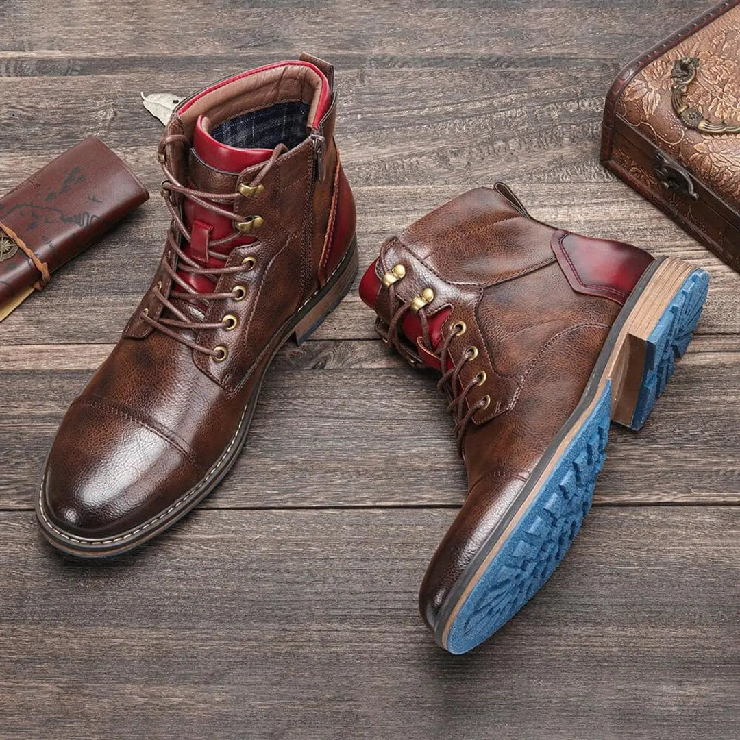 Modern men's leather oxford ankle boots with lace-up front & side zip for easy wear.