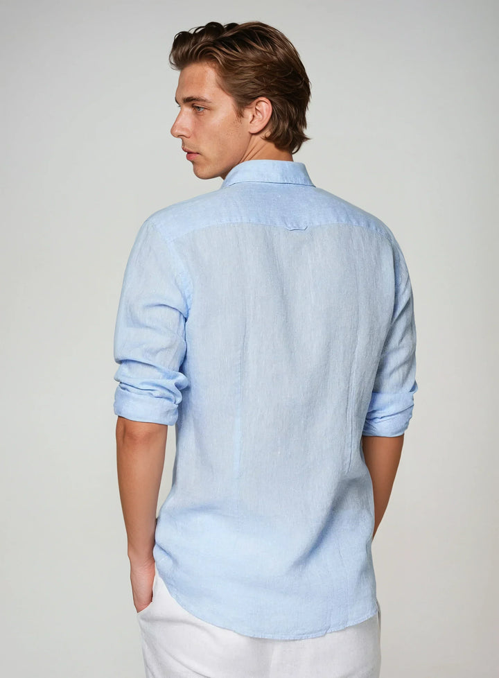 Breathable men's long-sleeve button-down shirt, perfect for warm weather and everyday casual style.