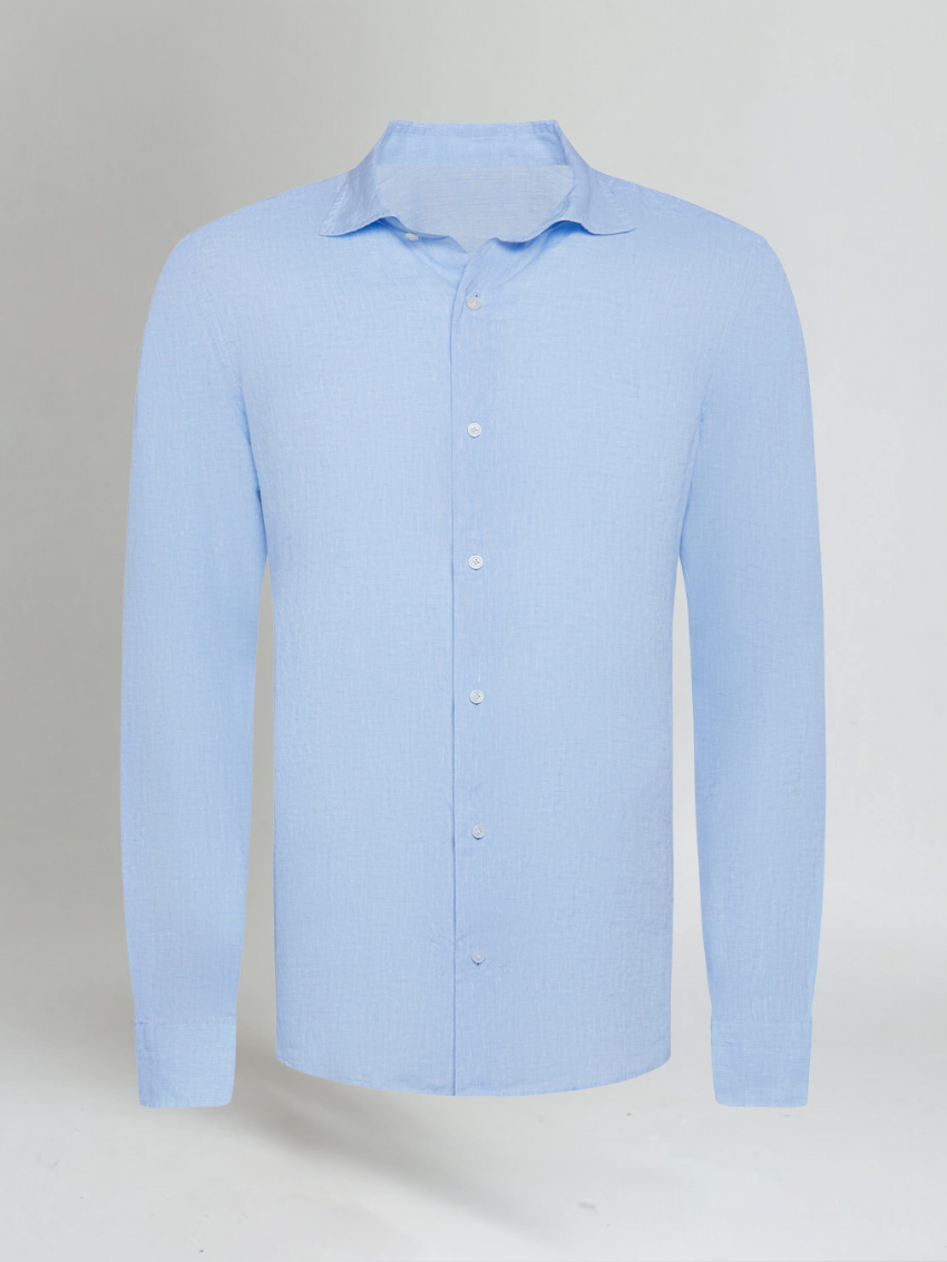 Casual light blue men's button-down shirt with long sleeves, breathable for everyday warm weather comfort.