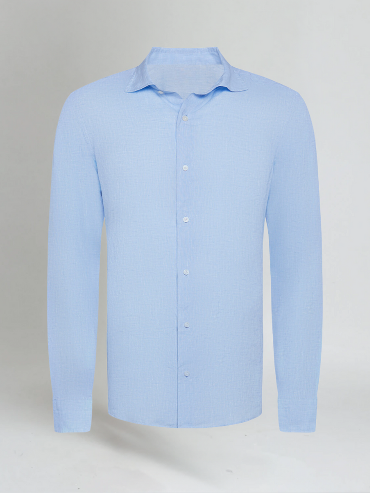 Casual light blue men's button-down shirt with long sleeves, breathable for everyday warm weather comfort.