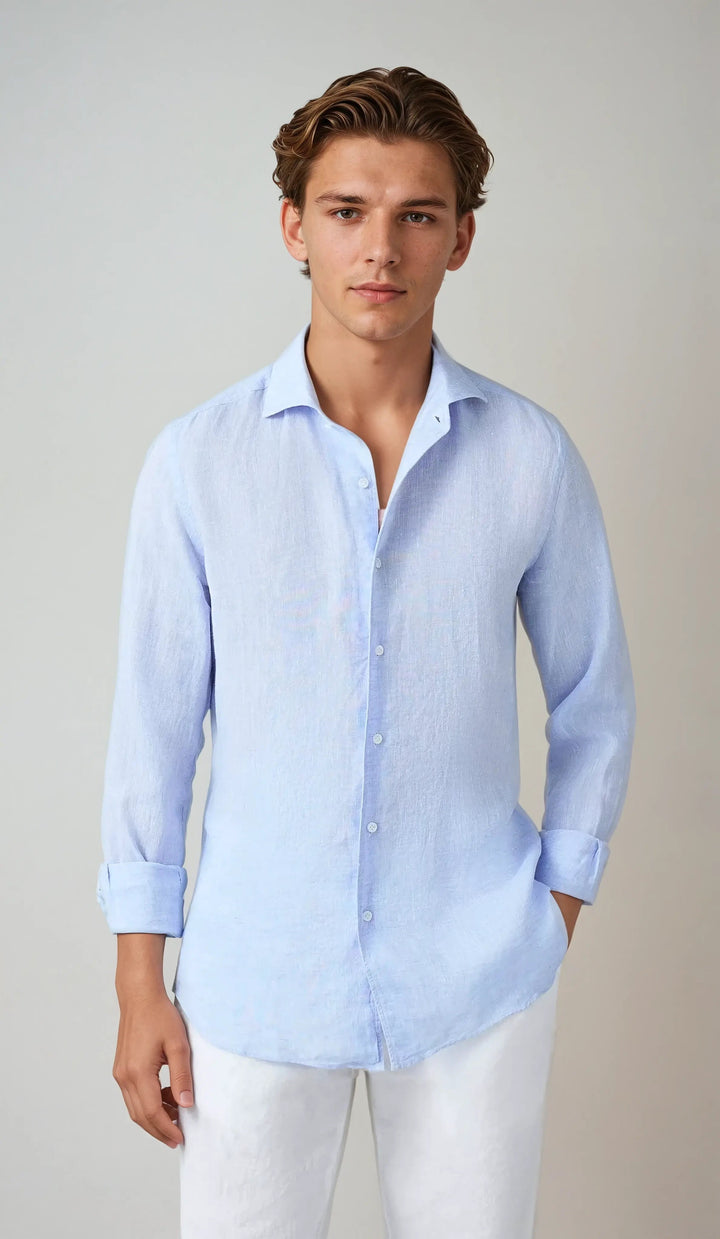 Versatile men's light blue breathable button-down shirt with relaxed fit, long sleeves for casual summer days.